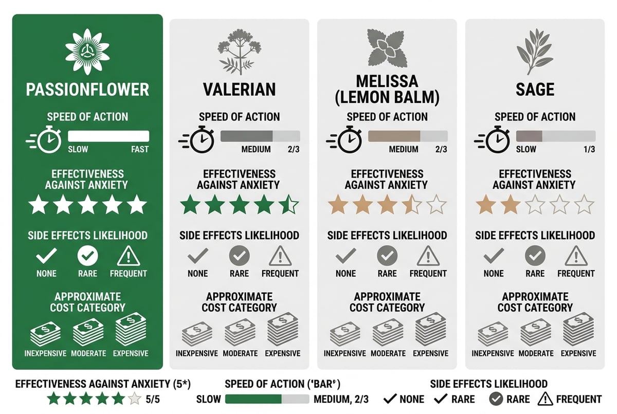 Tabela porównawcza: Passiflora vs inne zioła na stres (waleriana, melisa, szalwia) - skuteczność, szybkość, efekty uboczne, cena